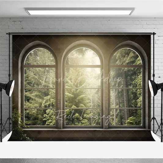 Lofaris Arched Window Forest View Photography Backdrop Sunlight Green Woods Nature Photo Background Indoor Scenery Booth Prop