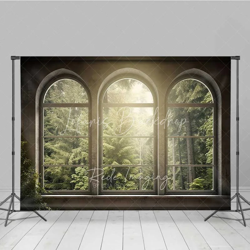Lofaris Arched Window Forest View Photography Backdrop Sunlight Green Woods Nature Photo Background Indoor Scenery Booth Prop