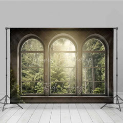 Lofaris Arched Window Forest View Photography Backdrop Sunlight Green Woods Nature Photo Background Indoor Scenery Booth Prop