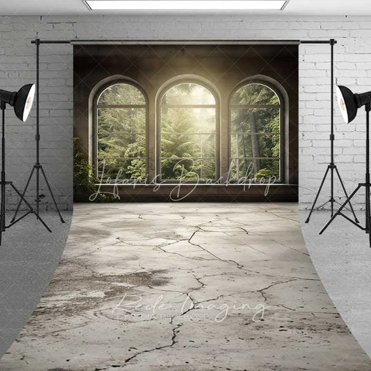 Lofaris Arched Window Forest View Sweep Photo Backdrop Sunlight Green Woods Nature Background Indoor Scenery Floor Prop
