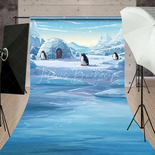 Lofaris Arctic Winter Wonderland Sweep Backdrop with Igloo and Cute Penguins Snowy Landscape for Kids Party Decor