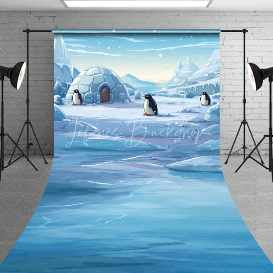 Lofaris Arctic Winter Wonderland Sweep Backdrop with Igloo and Cute Penguins Snowy Landscape for Kids Party Decor