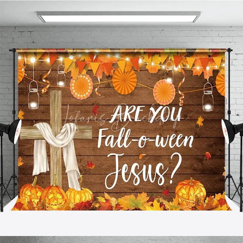 Lofaris Are You Fall-o-ween Jesus Backdrop Christian Autumn Harvest Festival with Cross Rustic Pumpkin Party Decor