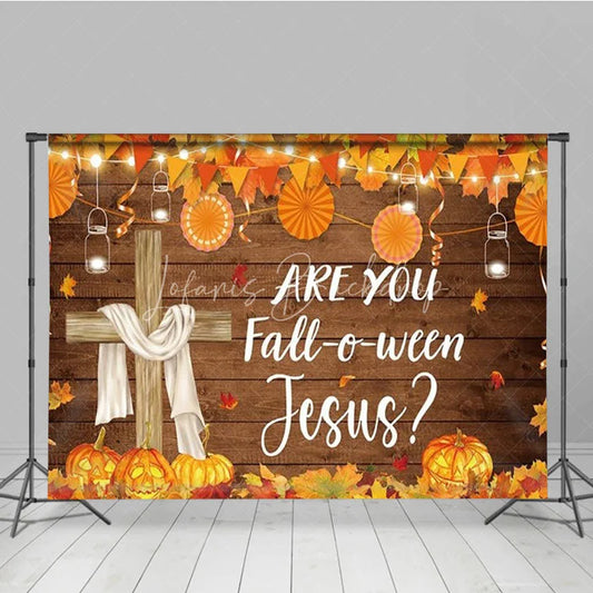 Lofaris Are You Fall-o-ween Jesus Backdrop Christian Autumn Harvest Festival with Cross Rustic Pumpkin Party Decor