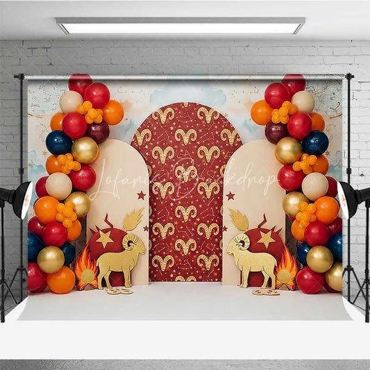 Lofaris Aries Zodiac Cake Smash Backdrop Red and Gold Ram Party Background for Astrology Birthday