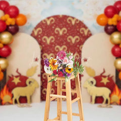 Lofaris Aries Zodiac Cake Smash Backdrop Red and Gold Ram Party Background for Astrology Birthday