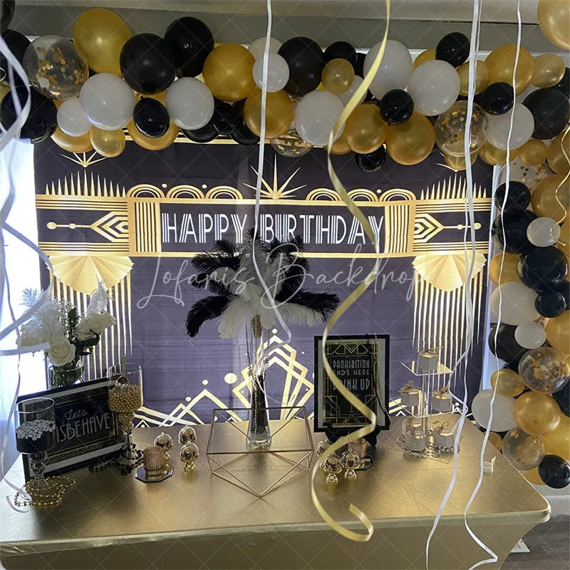 Lofaris Art Deco Gold and Black Happy Birthday Backdrop Gatsby Style Geometric Party Banner for Photography
