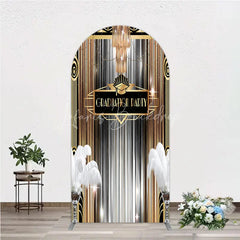 Lofaris Art Deco Graduation Arch Backdrop Black Gold Roaring 20s Feathers Background Class of 2024 Party Cover Decor