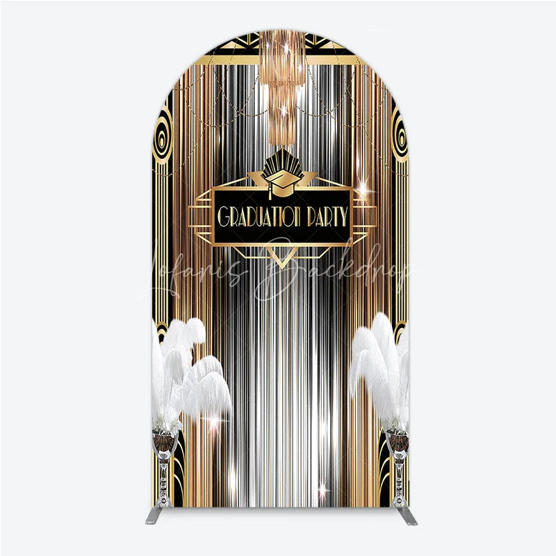 Lofaris Art Deco Graduation Arch Backdrop Black Gold Roaring 20s Feathers Background Class of 2024 Party Cover Decor