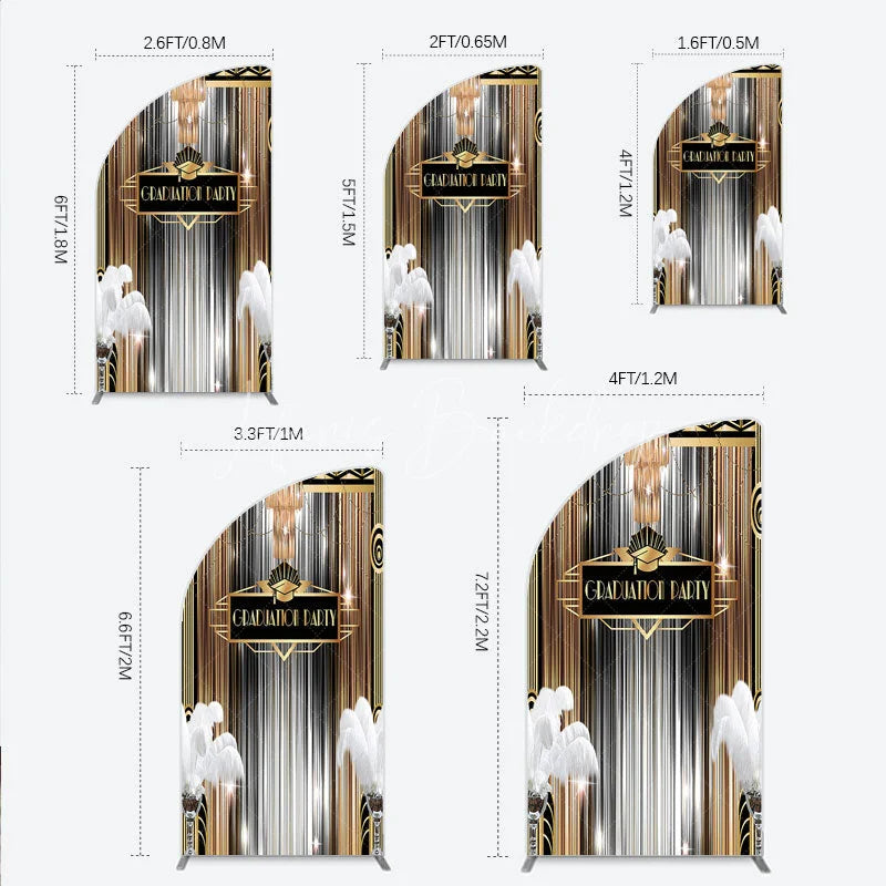 Lofaris Art Deco Graduation Half Moon Arch Backdrop Black Gold Roaring 20s Feathers Background Class of 2024 Party Cover Decor