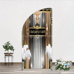 Lofaris Art Deco Graduation Half Moon Arch Backdrop Black Gold Roaring 20s Feathers Background Class of 2024 Party Cover Decor