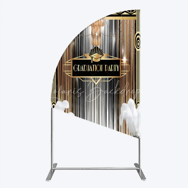 Lofaris Art Deco Graduation Half Moon Arch Backdrop Black Gold Roaring 20s Feathers Background Class of 2024 Party Cover Decor