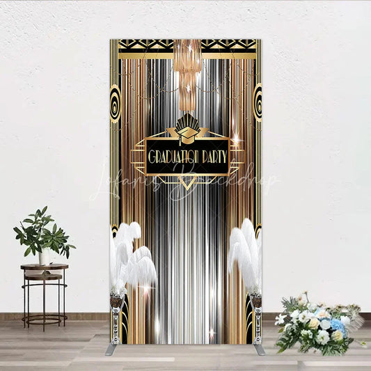 Lofaris Art Deco Graduation Rectangle Backdrop Black Gold Roaring 20s Feathers Background Class of 2024 Party Cover Decor