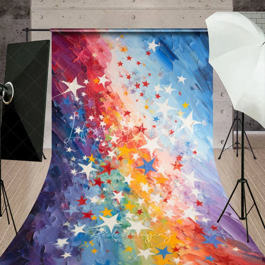 Lofaris Artistic Rainbow Color Sweep Backdrop with Scattered Stars Vibrant Painterly Texture for Festive Celebrations