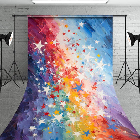 Lofaris Artistic Rainbow Color Sweep Backdrop with Scattered Stars Vibrant Painterly Texture for Festive Celebrations