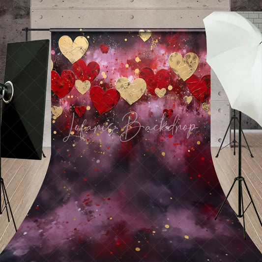 Lofaris Artistic Red and Gold Hearts Abstract Textured Sweep Backdrop Romantic Valentine’s Day Celebration Decor