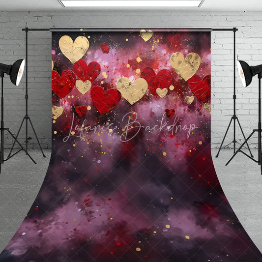 Lofaris Artistic Red and Gold Hearts Abstract Textured Sweep Backdrop Romantic Valentine’s Day Celebration Decor