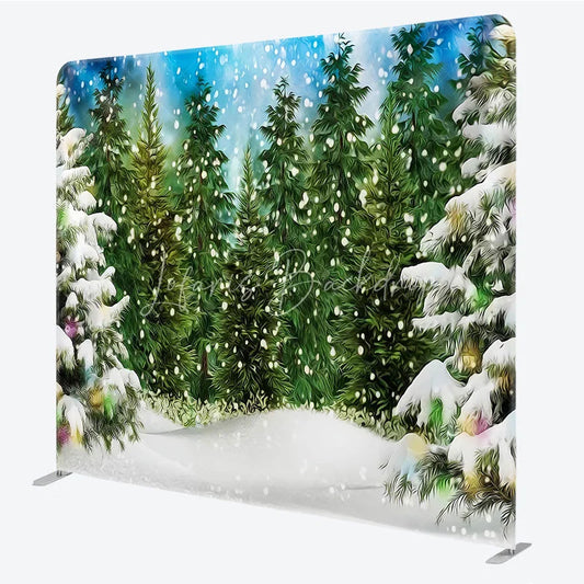 Lofaris Artistic Winter Forest Tension Fabric Backdrop Green Pine Tree Snowing Background Painted Nature Decoration