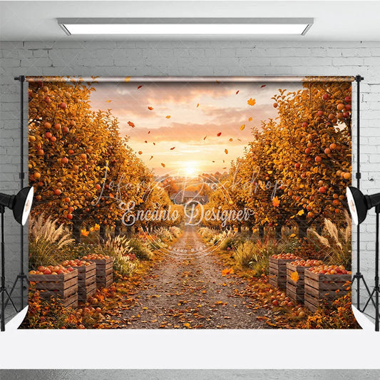 Lofaris Autumn Apple Orchard Photography Backdrop Golden Leaves and Rustic Path with Harvest Crates at Sunset