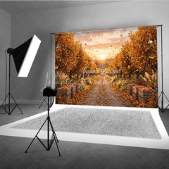 Lofaris Autumn Apple Orchard Photography Backdrop Golden Leaves and Rustic Path with Harvest Crates at Sunset