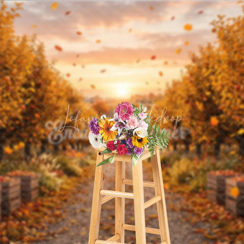 Lofaris Autumn Apple Orchard Photography Backdrop Golden Leaves and Rustic Path with Harvest Crates at Sunset