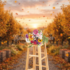 Lofaris Autumn Apple Orchard Photography Backdrop Golden Leaves and Rustic Path with Harvest Crates at Sunset