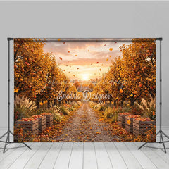 Lofaris Autumn Apple Orchard Photography Backdrop Golden Leaves and Rustic Path with Harvest Crates at Sunset