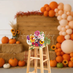 Lofaris Autumn Balloon Arch Photography Backdrop with Wood Wall Rustic Fall Pumpkins and Hay Thanksgiving Photo Booth