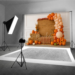 Lofaris Autumn Balloon Arch Photography Backdrop with Wood Wall Rustic Fall Pumpkins and Hay Thanksgiving Photo Booth
