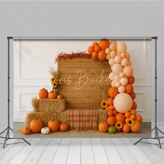 Lofaris Autumn Balloon Arch Photography Backdrop with Wood Wall Rustic Fall Pumpkins and Hay Thanksgiving Photo Booth