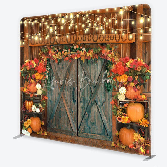 Lofaris Autumn Barn Door Tension Fabric Backdrop Rustic Pumpkin Fall Leaves Background Thanksgiving Harvest Party Decoration