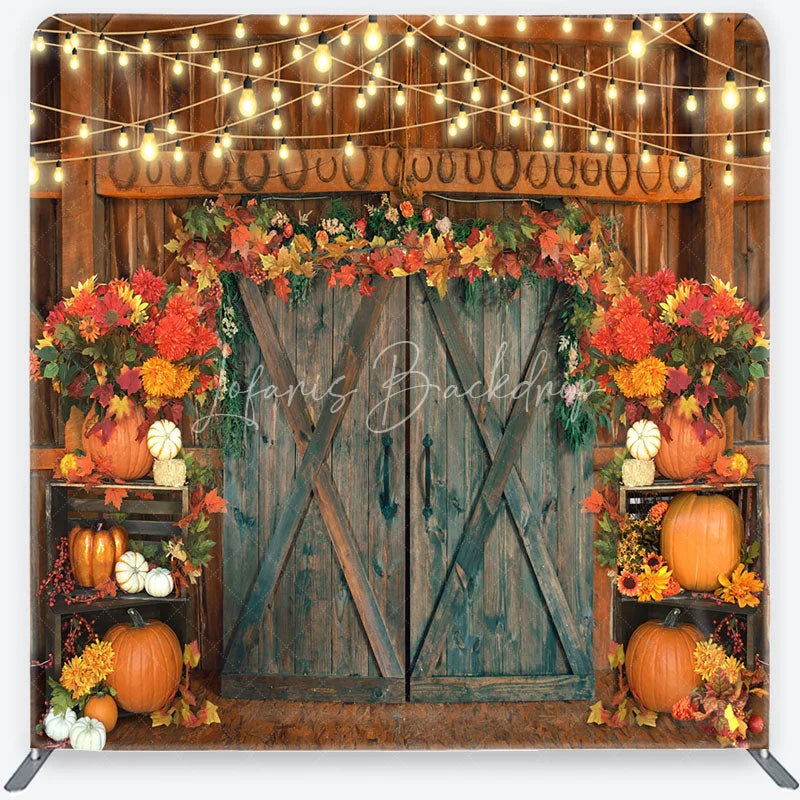 Lofaris Autumn Barn Door Tension Fabric Backdrop Rustic Pumpkin Fall Leaves Background Thanksgiving Harvest Party Decoration