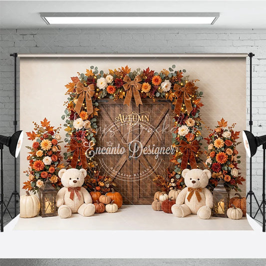 Lofaris Autumn Fall Harvest Photography Backdrop Wooden Door with Pumpkins Flowers and Teddy Bears