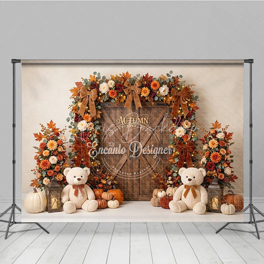Lofaris Autumn Fall Harvest Photography Backdrop Wooden Door with Pumpkins Flowers and Teddy Bears