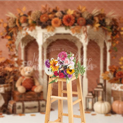 Lofaris Autumn Fall Rustic Gazebo Photography Backdrop with Pumpkins Teddy Bears and Maple Leaves for Seasonal Photoshoot