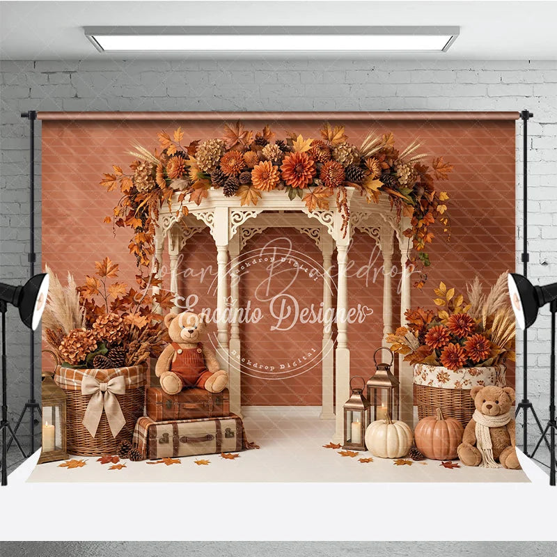 Lofaris Autumn Fall Rustic Gazebo Photography Backdrop with Pumpkins Teddy Bears and Maple Leaves for Seasonal Photoshoot