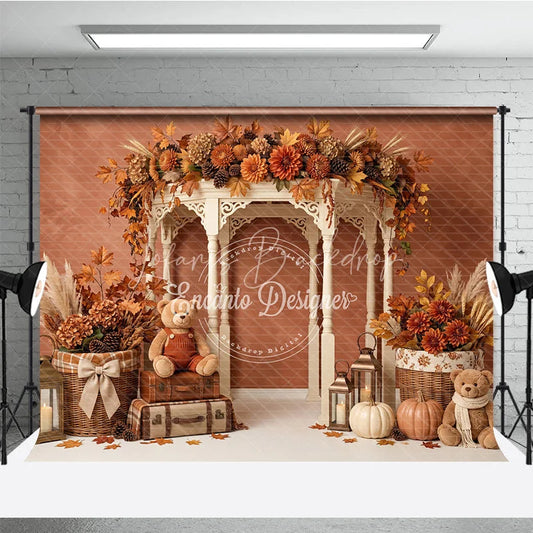 Lofaris Autumn Fall Rustic Gazebo Photography Backdrop with Pumpkins Teddy Bears and Maple Leaves for Seasonal Photoshoot
