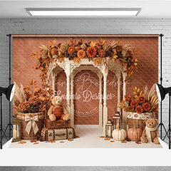 Lofaris Autumn Fall Rustic Gazebo Photography Backdrop with Pumpkins Teddy Bears and Maple Leaves for Seasonal Photoshoot