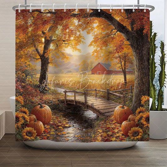 Lofaris Autumn Farmhouse Red Barn Shower Curtain with Rustic Wooden Bridge Pumpkins and Sunflowers