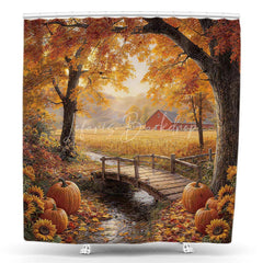 Lofaris Autumn Farmhouse Red Barn Shower Curtain with Rustic Wooden Bridge Pumpkins and Sunflowers