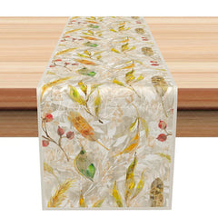 Lofaris Autumn Feather and Berry Table Runner Rustic Fall Leaves Watercolor Thanksgiving Decor