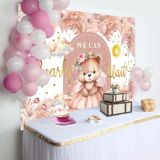 Lofaris Autumn Floral Teddy Bear Girl Baby Shower Backdrop
