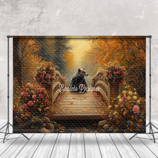 Lofaris Autumn Forest Floral Bear Bridge Photography Backdrop