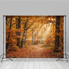 Lofaris Autumn Forest Path Photography Backdrop with Golden Sunlight and Falling Leaves Natural Scenery