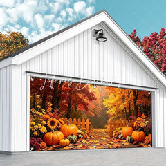 Lofaris Autumn Forest Path with Pumpkins and Fall Leaves Garage Door Banner Thanksgiving Halloween Decor.