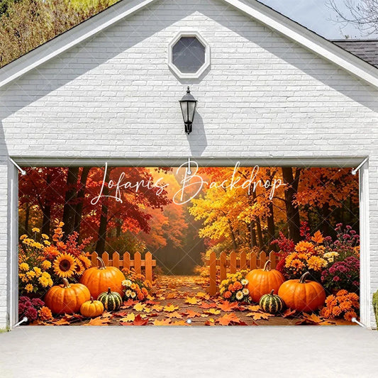 Lofaris Autumn Forest Path with Pumpkins and Fall Leaves Garage Door Banner Thanksgiving Halloween Decor.