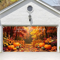 Lofaris Autumn Forest Path with Pumpkins and Fall Leaves Garage Door Banner Thanksgiving Halloween Decor.