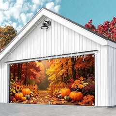 Lofaris Autumn Forest Path with Pumpkins and Fall Leaves Garage Door Banner Thanksgiving Halloween Decor.