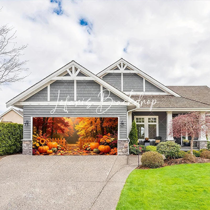 Lofaris Autumn Forest Path with Pumpkins and Fall Leaves Garage Door Banner Thanksgiving Halloween Decor.
