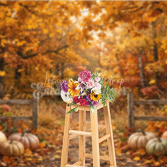 Lofaris Autumn Forest Photography Backdrop with Golden Fall Leaves Rustic Fence and Pumpkins for Seasonal Photoshoot